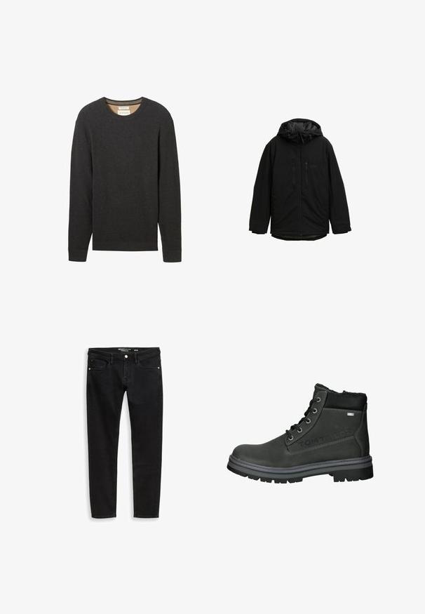 Veste d'hiver noire à capuche avec fermeture éclair sur le devant, deux poches zippées verticales sur la poitrine et manches longues, isolée pour les temps froids.; Pull noir à côtes avec un col rond et des manches longues. Tissu texturé et une étiquette visible au niveau du col.; Jean slim noir en denim avec bouton à l'avant et poches, posé à plat sur un fond blanc.; Bottes de cheville en cuir noir avec une finition texturée, dotées de six œillets en métal, d'un collier rembourré et d'une semelle en caoutchouc robuste. "TOM TAILOR" est embossé sur le côté.