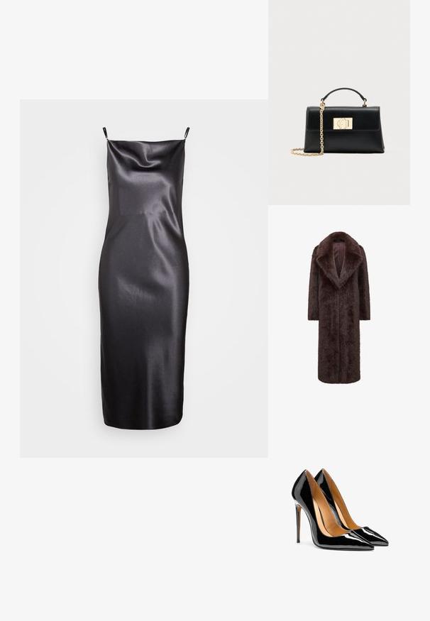 Brun pelsfrakke med et langt, lige design, brede revers og åben front. Blød tekstur og lange ærmer øger både varme og stil.; Samsøe Samsøe FREDERICKA LONG DRESS - Cocktailkjole / festkjole - ombre dark; Par af blanke sorte højhælede sko i laklæder med spids tå og stiletter samt lysebrun indvendig foret på hvid baggrund.; Sort læderhåndtaske med struktureret form, udstyret med en øverste hank og en guldtonet kæderem. Dekorative guldhardware med logodetalje.