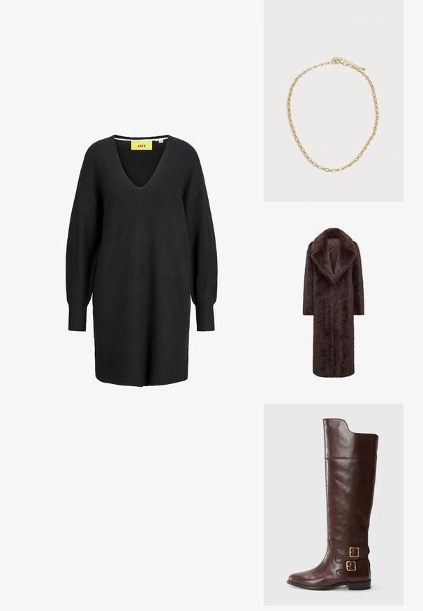 Brun pelsfrakke med et langt, lige design, brede revers og åben front. Blød tekstur og lange ærmer øger både varme og stil.; Sort langærmet strikket kjole med V-hals og ribbede manchetter og kant, med et gult JJXX-mærke indvendigt i halsudskæringen.; Brune læderknæhøj støvle med en rund tå, der har to guldtonede spænder ved anklen og en glat, poleret overflade.; Tynd guldkæde med ovale led og justerbar lås, arrangeret i en cirkel på en ensfarvet hvid baggrund.