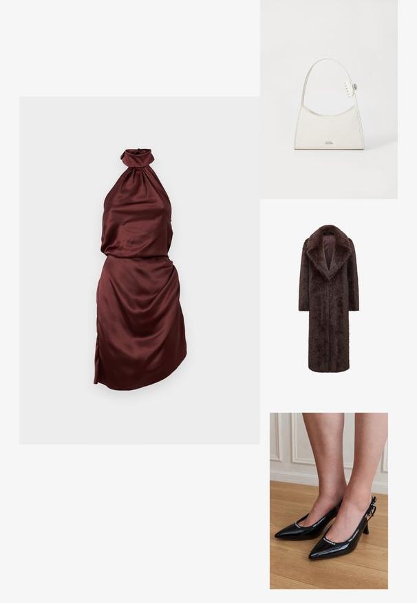 Brun pelsfrakke med et langt, lige design, brede revers og åben front. Blød tekstur og lange ærmer øger både varme og stil.; Bordeaux satin halterneck kjole med en samlet halsudskæring, tætsiddende liv og draperet nederdel med en sideslids. Glat tekstur.; Sorte laklæder stiletter med spids tå og KARL LAGERFELD mærket rem, båret på fødder, der står på trægulv.; Hvid læder skuldertaske med buet top, lille klo-clips på stroppen og sølv "Marc Jacobs" logo i midten foran.