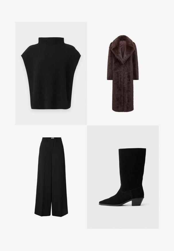 Manteau en fourrure brun avec un design long et droit, des revers larges et une ouverture à l'avant. Sa texture douce et ses manches longues ajoutent chaleur et style.; Haut noir sans manches avec un col montant et une coupe ample, présenté sur un fond blanc uni.; Pantalon noir à jambes larges avec passants pour ceinture, fermeture à boutons à l'avant et plis marqués le long des jambes.; Bottine en daim noir avec un bout pointu, tige de hauteur moyenne et un talon épais. Présente des coutures minimales et une texture lisse.