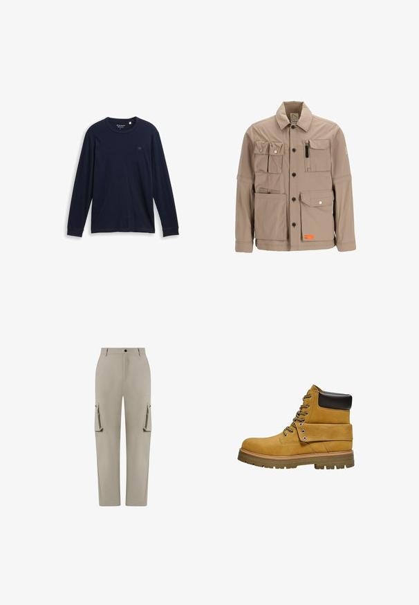 Beige utilityjack met meerdere zakken, knoopsluiting en een ritszak. Gladde textuur, gestructureerd ontwerp, met contrasterend oranje label.; Marineblauwe T-shirt met lange mouwen, gemaakt van zachte katoen, met een ronde halslijn, gestikte zomen en een klein, geborduurd logo op de borst.; Beige cargobroek met een ontspannen pasvorm, voorzien van twee zijzakken en twee klepzakken op de dijen, gemaakt van lichtgewicht stof.; Lichtbruine werklaars met zwart gewatteerde kraag, vetersluiting aan de voorkant, omslaande flap met metalen oogjes en dikke rubberen profielzool.