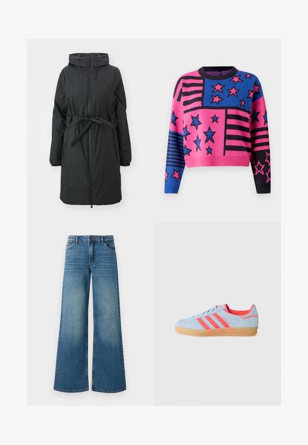 Zwarte, lange pufferjas met een trekkoordkap, rits aan de voorkant en een ceintuur in de taille. Heeft elastische manchetten en een gladde textuur.; Roze en blauwe cropped trui met sterren- en streepjespatronen, voorzien van een zwarte geribde halslijn en mouwen. Gebreide textuur met levendige kleuren.; Wijde spijkerbroek van blauw denim met een vervaagde afwerking, vijf-pocket ontwerp en standaard tailleband met een metalen knoop en ritsluiting.; Lichtblauwe suède sneaker met drie roze strepen, gumrubberen zool en gestikte accenten. Bevat een gevoerd kraagje en retro ontwerp elementen.