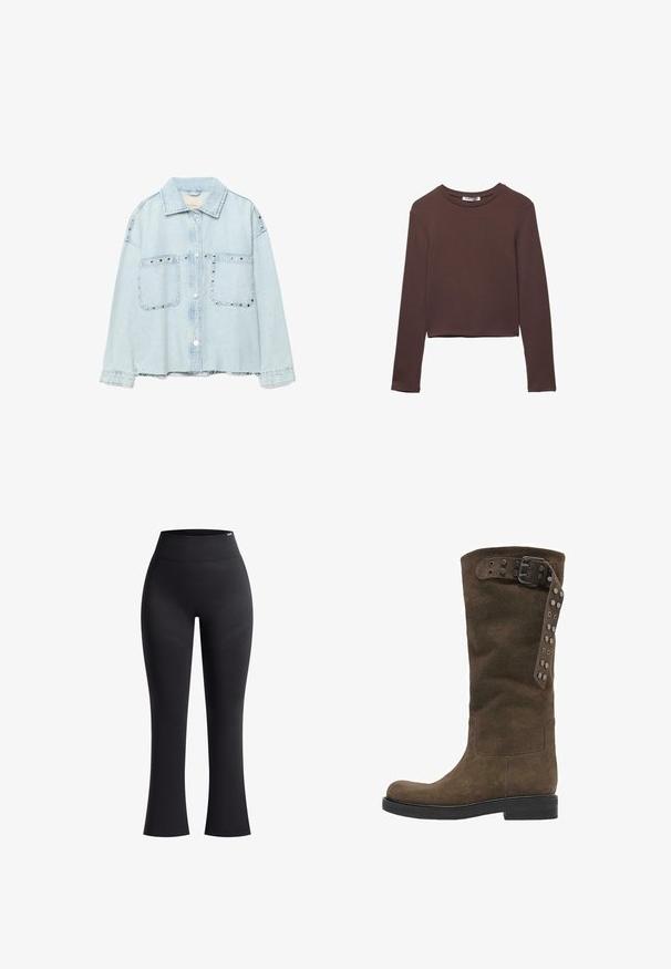 Veste en jean bleu clair avec boutons-pression à l'avant, deux grandes poches poitrine, clous argentés le long des poches et des épaules, ourlet effiloché.; Chemise cropped à manches longues marron en tissu doux et lisse, avec un col rond et sans motifs ni garnitures visibles.; Leggings noirs avec une taille haute, fabriqués en tissu stretch et lisse. Présentent des jambes évasées et des motifs de texture subtils le long des côtés.; Botte haute en daim marron avec semelle plate noire et bride décorative avec clous métalliques et boucle près du haut.