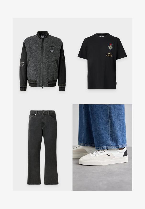 Iceberg GIUBBOTTO - Bomberjakke - grey; Sort T-shirt med korte ærmer og rund hals, broderet blomsterhjerte og teksten "JUST CAVALLI" på venstre bryst.; Sorte denim jeans med lige ben, med en mellem taljehøjde, fem lommer og knaplukning. Diskret falmet tekstur over det hele.; Hvide og sorte sneakers med en glat læderoverdel, teksturerede detaljer og en kraftig hvid sål. Har et klassisk snørebåndsdesign.
