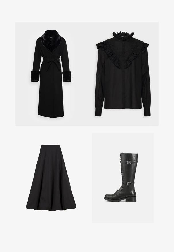 Must mustükk mustaga kunstkarusnahast kaeluse ja mansettidega, vöökoht, pikad varrukad ja sirge äärega. Sile tekstuur, elegantne disain.; Sofie Schnoor Nööpidega pluus - black; Must pikk must seelik, mis on valmistatud siledast kangast, millel on voldid ja kõrge vöökoht. Disain pakub voolavat siluetti ja rohkelt mahtu.; Kõrged mustad nahast saapad, millel on nööbid ees, külgedel klambrid, siledat tekstuuri, ümar nina ja tugev madal konts.