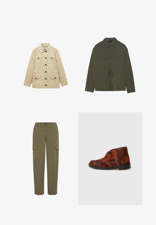 Beige langærmet jakke med seks brune knapper, to brystlommer med knappelåg og to nederste lommer med knappelåg.; Olivenfarvet skjortejakke med knaplukning, to brystlommer og snor i taljen. Har klassisk krave og lange ærmer.; Oliven grønne cargo bukser med elastisk talje, der har to sidelommer og to cargo lommer. Fremstillet af en holdbar bomuldsblanding.; Brune ruskinds ankelstøvler med camouflage mønster, der har en rund tå, snørebåndslukning og en sort gummisål.