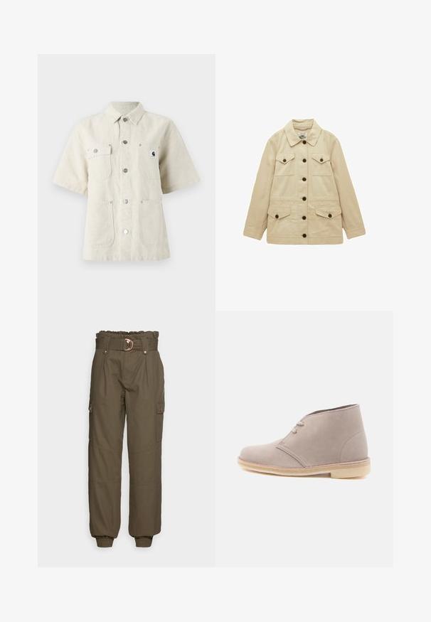 Beige langærmet jakke med seks brune knapper, to brystlommer med knappelåg og to nederste lommer med knappelåg.; Kortærmet skjorte i lys beige stof, med spidse kraver, frontknapper, to brystlommer og et lille logomærke på venstre side.; ONLY ONLSAIGE PANT - Bukser - kalamata; Lyse beige ørkenstøvle i ruskind med to snørehuller og crepesål, vist i profil mod en ensfarvet hvid baggrund.