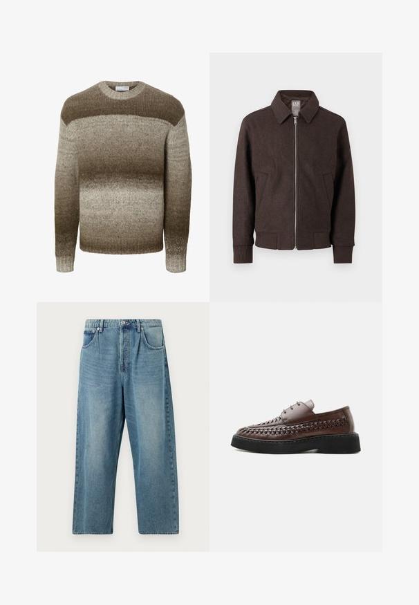 Braune Wolljacke mit Reißverschluss, Kragen, gerippten Bündchen und Saum sowie zwei Vorderseitentaschen, vor weißem Hintergrund dargestellt.; Langärmeliger Strickpullover mit Rundhalsausschnitt, der horizontale Farbverläufe in Braun- und Beigetönen zeigt.; Helle blaue Jeans mit geradem Bein, die einen Knopfverschluss, zwei frontale Taschen und eine klassische, ausgewaschene Textur aufweisen.; Brauner Lederschnürschuh mit gewebten Details an den Seiten und dicker schwarzer Plateausohle, im Profil vor weißem Hintergrund gezeigt.