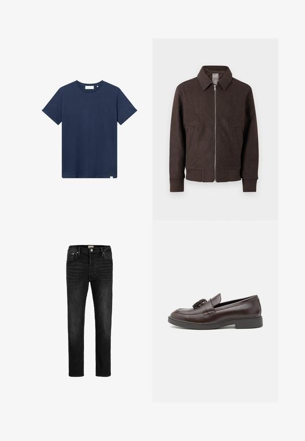 Braune Wolljacke mit Reißverschluss, Kragen, gerippten Bündchen und Saum sowie zwei Vorderseitentaschen, vor weißem Hintergrund dargestellt.; Navyblaue Baumwoll-T-Shirt mit rundem Halsausschnitt, kurzen Ärmeln und einem kleinen gestickten Logo auf der linken Brust. Glatte Textur.; Schwarze Slim-Fit-Jeans mit fünf Taschen, Gürtelschlaufen, Reißverschluss und Knopfverschluss, frontseitig präsentiert auf weißem Hintergrund.; Braune Lederloafers mit runder Zehenpartie, einem dekorativen Quasten, gesteppten Details und einem niedrigen Gummihalter für zusätzlichen Komfort.