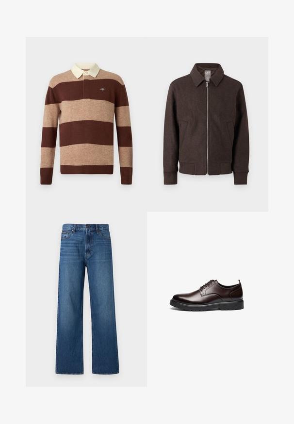 Braune Wolljacke mit Reißverschluss, Kragen, gerippten Bündchen und Saum sowie zwei Vorderseitentaschen, vor weißem Hintergrund dargestellt.; Langärmliges Rugby-Shirt mit breiten horizontalen braunen und beige gestreiften Mustern sowie einem cremefarbenen Kragen, das ein kleines gesticktes Logo auf der Brust präsentiert.; Blaue, hoch taillierte Jeans mit geradem Bein, Frontknopf und Reißverschluss, fünf Taschen und einem kleinen Markenpatch auf der rechten Tasche.; Braune Leder-Schnürschuhe mit einem eleganten Design, runder Zehenpartie, kontrastierender schwarzer Gummisohle und minimal sichtbaren Nähten.