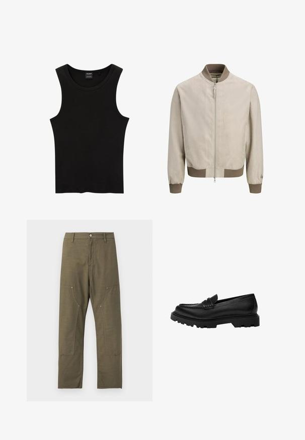 Lyse beige bomberjakke med ribstrikkede manchetter, krave og kant i mørkere beige, lynlåslukning foran og diskret broderi på ærmet.; Sort ribbet tanktop med rund halsudskæring og brede ærmegab, lavet af en blød, strækbar stof. Mærke: Pull&Bear.; Olivengrønne bukser med lige ben, forlommer foran, bæltestropper, knaplukning og synligt sømdetalje.; Sorte læder loafers med en robust, struktureret sål. Har en dekorativ syet kant og en lav hæl for et moderne design.