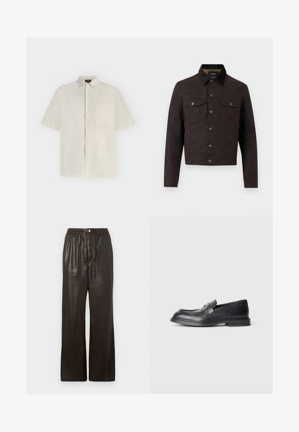 Veste boutonnée marron foncé avec col noir, deux poches à rabat sur la poitrine et manches longues, présentée sur un fond clair uni.; Chemise beige à manches courtes avec boutons, col et poche poitrine, présentée à plat sur un fond clair.; Pantalon en simili cuir marron foncé avec une taille élastique, une fermeture à bouton à l'avant et des jambes droites larges.; Mocassins en cuir noir avec une finition texturée, dotés d'une bride décorative à l'avant et d'un bout arrondi. Semelle en caoutchouc pour plus de durabilité.