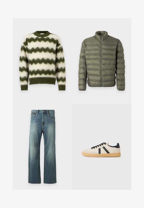 Chaqueta de plumas acolchada de color verde oliva, con mangas largas, cuello alto y cierre de cremallera frontal.; Jersey de rayas en zigzag verde y blanco, hecho de un material suave y esponjoso, con un cuello redondo y puños acanalados.; Jeans de mezclilla azul claro con corte recto, un ligero desvanecimiento, cinco bolsillos y presillas para cinturón. Presenta detalles de costura y un cierre de botón.; Zapatillas casuales en crema con rayas negras, con parte superior texturizada y suela de goma. Los cordones son negros. Logo sutil en el costado.