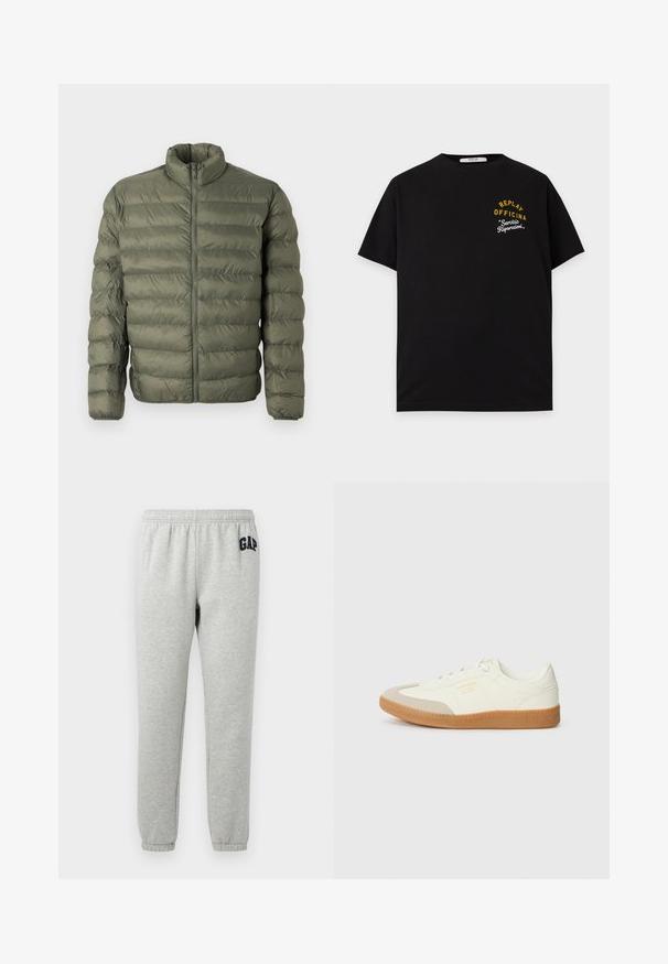 Olijfgroene, gewatteerde pufferjack met lange mouwen, hoge kraag en rits aan de voorkant.; Zwart T-shirt met korte mouwen met gele en witte tekst "REPLAY OFFICINA Servizio Riparazioni" op het linker borstgebied.; Grijze sweats met een elastische tailleband, cuffed enkels, en een marineblauwe "GAP" logo op de linker boven dij. Zachte, katoenen stofmix.; Schoen gemaakt van wit leer met een beige teenkap en een lichtbruine rubberen zool. Voorzien van platte witte veters en reliëfbranding aan de zijkant.