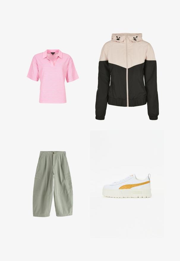 Chaqueta con cremallera negra y rosa claro con capucha, que presenta mangas raglán, puños y dobladillo elásticos, y un diseño de bloque de color en contraste.; Camisa polo de rayas rosas con mangas cortas, que presenta un cuello con solapa y un corte relajado. El material parece suave y con un sutil brillo.; Pantalones cargo de pierna ancha color verde claro con cierre de botón y cremallera, bolsillos frontales inclinados y bolsillos con solapa en ambas piernas.; Zapatillas blancas con una franja amarilla texturizada, suela blanca gruesa y un acento gris en el talón. Presentan un destacado logo de PUMA en el lateral.