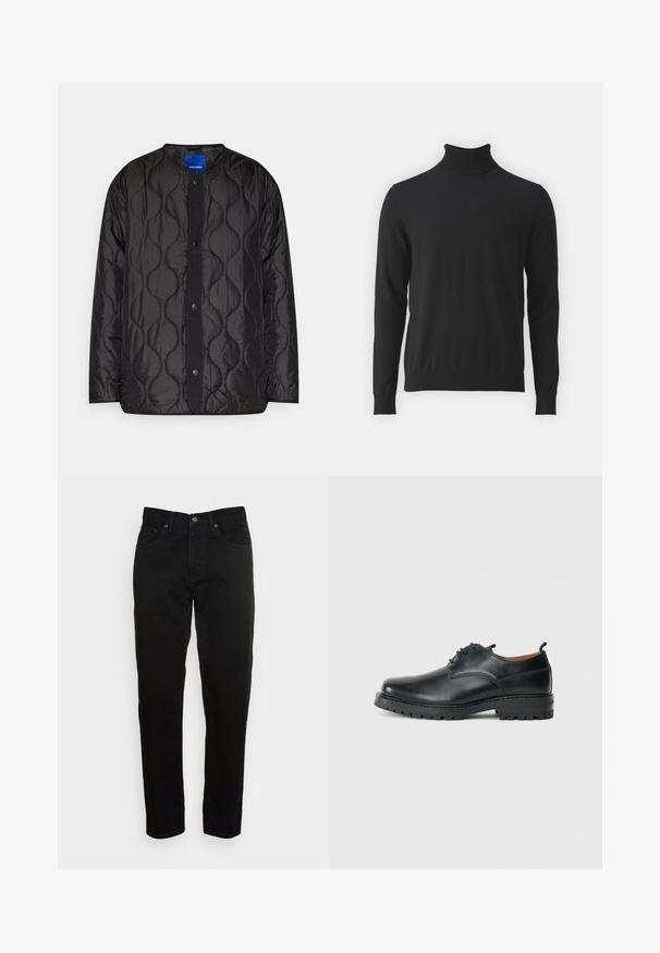 Chaqueta de acolchado negra con cuello redondo, cierre frontal con botones a presión y patrón de olas texturizado en la tela.; Suéter negro de cuello alto hecho de una tela suave, con mangas largas y un cuello acanalado, con una textura lisa y un diseño ajustado.; Jeans negros ajustados con cierre de botón frontal y diseño de cinco bolsillos, mostrados sobre un fondo gris claro liso.; Zapatos derby de cuero negro con una textura suave, punta redondeada, diseño de cordones y una suela de goma gruesa y resistente.