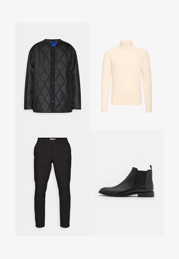 Schwarze gesteppte Jacke mit rundem Kragen, Druckknopf-Frontverschluss und strukturiertem Wellenmuster auf dem Stoff.; Cremefarbener, langärmeliger Rollkragenpullover mit geripptem Kragen, Bündchen und Saum, dargestellt vor weißem Hintergrund.; Schwarze maßgeschneiderte Hose mit slim Fit. Mit Reißverschluss, Knopfverschluss, Seitentaschen und glattem, leichtem Stoff.; Schwarze Leder-Chelsea-Stiefel mit elastischen seitlichen Riemen, einer abgerundeten Kappe und einem niedrigen Absatz. Glatte Textur mit minimalistischer Gestaltung.