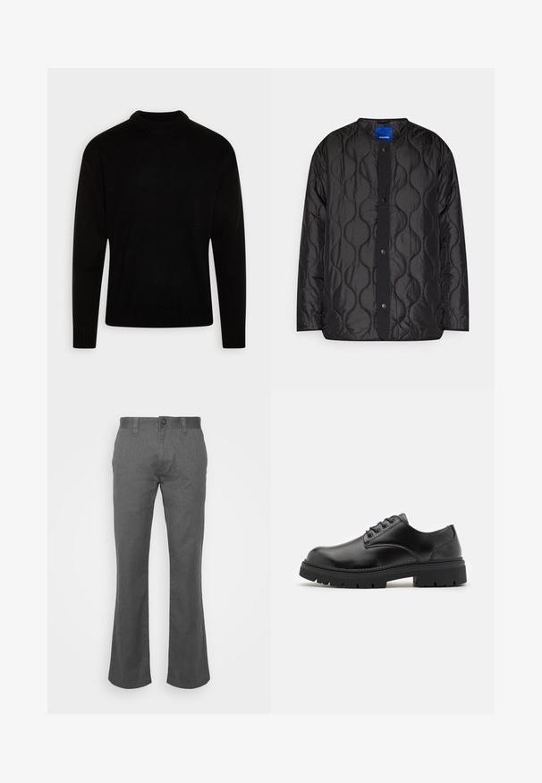 Veste matelassée noire avec un col rond, fermeture à boutons-pression à l'avant et motif ondulé texturé sur le tissu.; Pull en maille noire avec un col montant côtelé. Manches longues et poignets et ourlet côtelés. Texture lisse avec un design simple et classique.; Jean gris évasé en denim, avec une fermeture à bouton à l'avant, des passants de ceinture et des poches latérales. Texture lisse avec un léger délavage.; Chaussures en cuir noir avec un bout rond, un laçage et une semelle en caoutchouc épaisse et texturée. Présente des coutures le long du bord et une finition lisse.