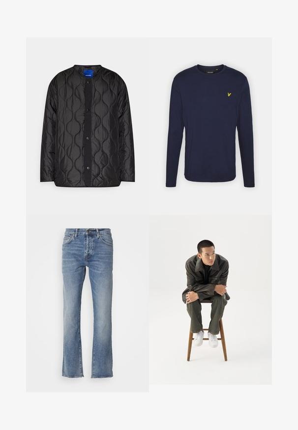 Schwarze gesteppte Jacke mit rundem Kragen, Druckknopf-Frontverschluss und strukturiertem Wellenmuster auf dem Stoff.; Marineblaue Langarm-T-Shirt aus weicher Baumwolle mit rundem Ausschnitt und kleinem gelbem Vogel-Logo auf der Brust. Genähter Saum und Bündchen.; Hellblaue Denim-Jeans mit geradem Bein, fünf Taschen und einem kleinen Metallknopf am Bund. Ausfransender Saum.; Junger Mann in dunkler Lederjacke und Jeans sitzt auf einem Holzstuhl, lehnt sich mit verschränkten Armen nach vorne und schaut seitlich vor weißem Hintergrund.