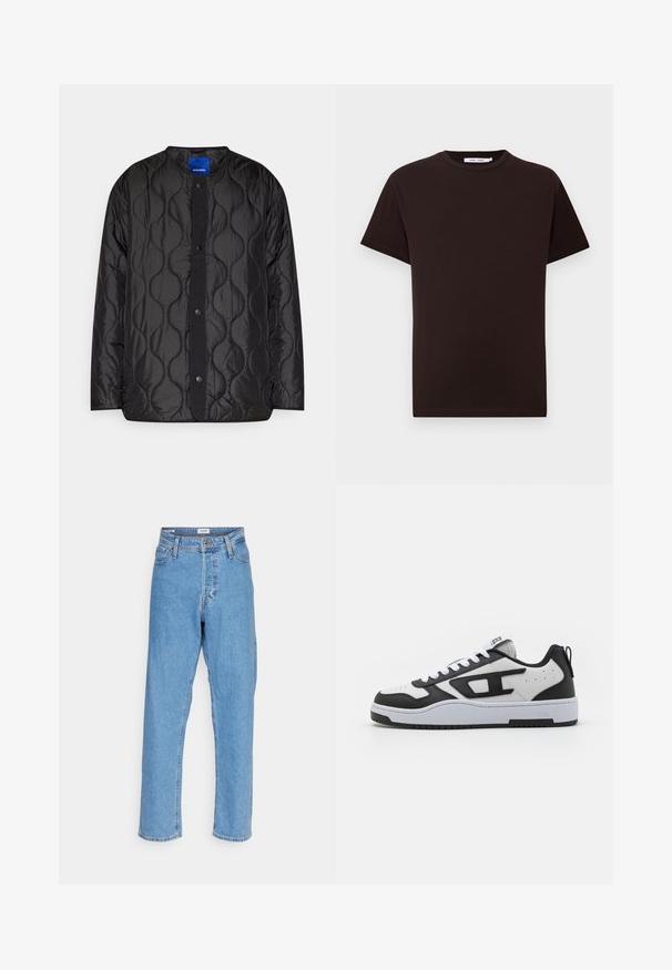 Veste matelassée noire avec un col rond, fermeture à boutons-pression à l'avant et motif ondulé texturé sur le tissu.; T-shirt en coton noir avec un col rond, des manches courtes et un ourlet droit. Texture lisse, design décontracté et sans logos ni motifs visibles.; Jeans taille haute droite bleu clair avec bouton à l'avant, fermeture éclair, passants de ceinture et design à cinq poches sur fond blanc.; Baskets blanches et noires avec une tige en cuir texturé, un col rembourré, un bout rond et une semelle en caoutchouc contrastante. Comprend des lacets blancs et un détail de logo.