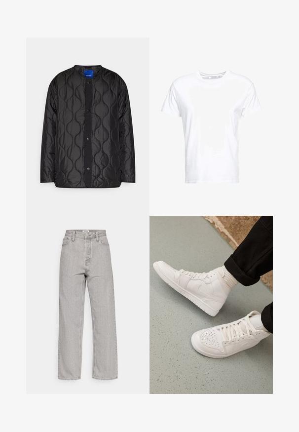 Sort quiltet jakke med rund krave, trykknaplukning foran og struktureret bølgemønster på stoffet.; Hvid bomulds t-shirt med rund halsudskæring og korte ærmer, i en klassisk pasform og glat tekstur. Ingen mønstre eller hardware synlige.; Lys grå højttalende denim jeans med en afslappet pasform, der har fem lommer og en subtil tekstur. Lige ben og minimal detaljer.; Hvide høj-top sneakers lavet af glat læder med perforeret tå, snørelukning og subtil logo detaljer på siden. Tekstureret gummisål.
