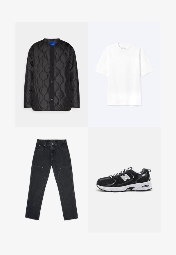 Schwarze gesteppte Jacke mit rundem Kragen, Druckknopf-Frontverschluss und strukturiertem Wellenmuster auf dem Stoff.; Schlichtes weißes T-Shirt mit kurzen Ärmeln und Rundhalsausschnitt in entspannter Passform, auf hellem Hintergrund dargestellt.; Pegador VINTO CARPENTER - Carpenter Jeans - washed black; Schwarze und graue Sportschuhe mit Obermaterial aus Mesh und Wildleder, ausgestattet mit einer weißen Zwischensohle, Schnürsenkeln und einem markanten "N"-Logo an der Seite.