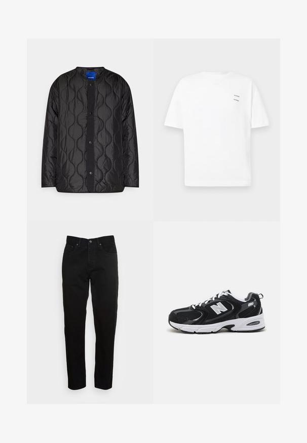 Schwarze gesteppte Jacke mit rundem Kragen, Druckknopf-Frontverschluss und strukturiertem Wellenmuster auf dem Stoff.; Weißes Baumwoll-T-Shirt mit lässiger Passform, kurzen Ärmeln und V-Ausschnitt. Verfügt über zwei kleine schwarze gedruckte Logos auf der linken Seite.; Schwarze Slim-Fit-Jeans mit vorderem Knopfverschluss und fünf Taschen-Design, vor einem schlichten hellgrauen Hintergrund präsentiert.; Schwarze und graue Sportschuhe mit Obermaterial aus Mesh und Wildleder, ausgestattet mit einer weißen Zwischensohle, Schnürsenkeln und einem markanten "N"-Logo an der Seite.