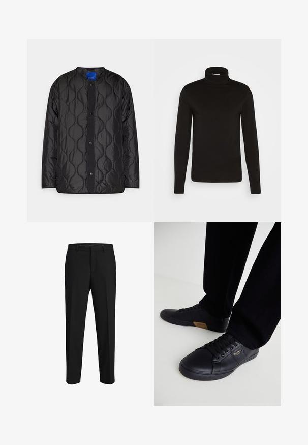 Chaqueta de acolchado negra con cuello redondo, cierre frontal con botones a presión y patrón de olas texturizado en la tela.; Camiseta de cuello alto de manga larga negra, elaborada en una tela suave con un diseño ajustado y un cuello alto, ceñido. Sin patrones ni acentos visibles.; Pantalones negros de tela suave, con corte recto, lazos para cinturón y un diseño de frente plano sin patrones ni adornos visibles.; Zapatillas de cuero negro con un diseño elegante, que presentan una superficie texturizada, punta redonda y cordones negros. Detalle del logo en dorado en el lateral.