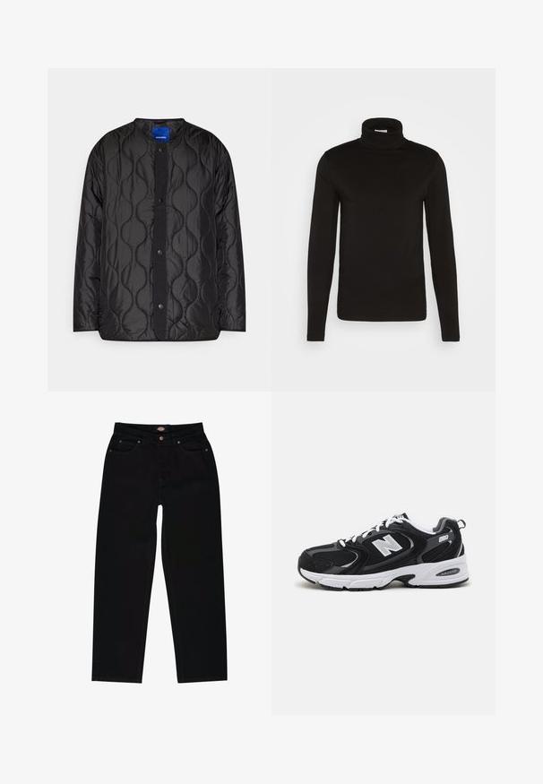 Sort quiltet jakke med rund krave, trykknaplukning foran og struktureret bølgemønster på stoffet.; Sort turtleneck langærmet skjorte lavet af et glat stof med en tætsiddende design og en høj, tætsiddende krave. Ingen mønstre eller accenter synlige.; Sorte denim jeans med lige pasform, der har fem lommer, brun syning og lynlåslukning. Glat tekstur og holdbart materiale.; Sorte og grå sportssko med mesh og ruskind på overdelen, der har en hvid mellemsål, snørebånd og et iøjnefaldende "N" logo på siden.