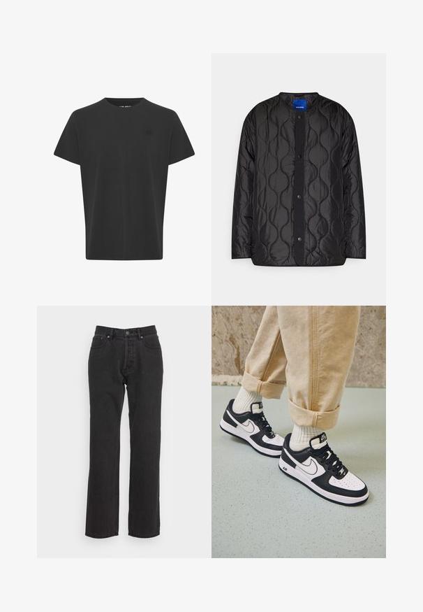 Veste matelassée noire avec un col rond, fermeture à boutons-pression à l'avant et motif ondulé texturé sur le tissu.; T-shirt noir à manches courtes en tissu coton. Présente un col rond et un petit logo dans le coin supérieur gauche, texture lisse.; Jean en denim noir avec une coupe droite, dotés d'une fermeture à bouton à l'avant, de passants de ceinture et de deux poches latérales. Tissu texturé.; Baskets Nike Air Force 1 en noir et blanc avec un dessus en cuir, orteil perforé et détail de semelle texturée, portées avec un pantalon beige retroussé et des chaussettes blanches.