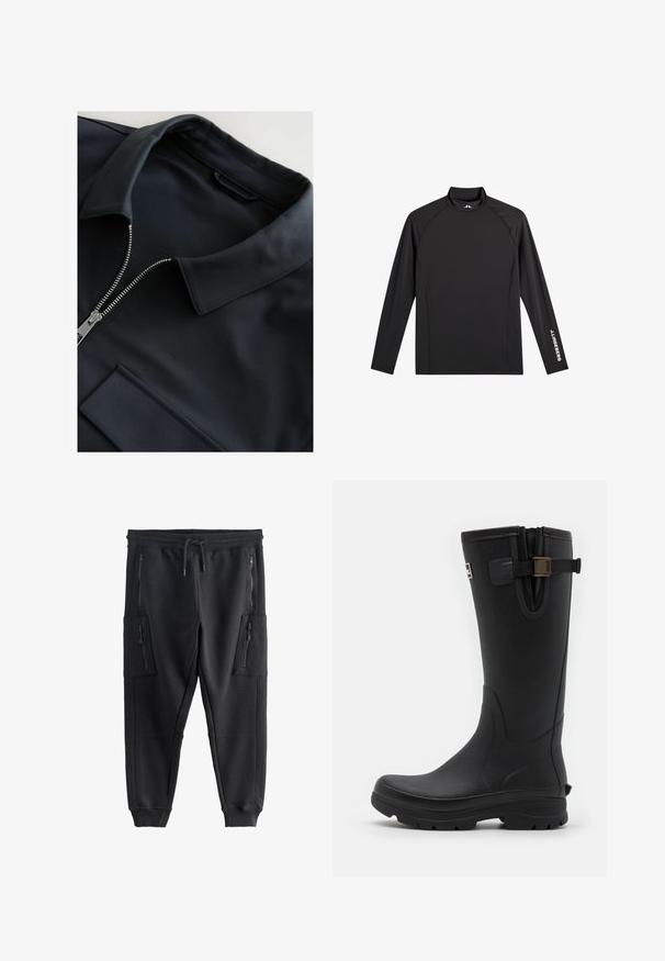 Schwarzes Poloshirt mit Reißverschluss und Stehkragen, aus glattem Stoff mit dezentem Glanz. Verfügt über eine Fronttasche und metallische Reißverschlussdetails.; Schwarzes Langarm-Sportoberteil mit Stehkragen, schlanker Passform und weißem "J.Lindeberg"-Logo am linken Ärmel und Kragen.; Schwarze Jogginghose mit elastischem Bund, Kordelzug, gerippten Bündchen und vier Reißverschlusstaschen vorne und an den Seiten.; Barbour TEMPEST TALL WELLY - Gummistiefel - black