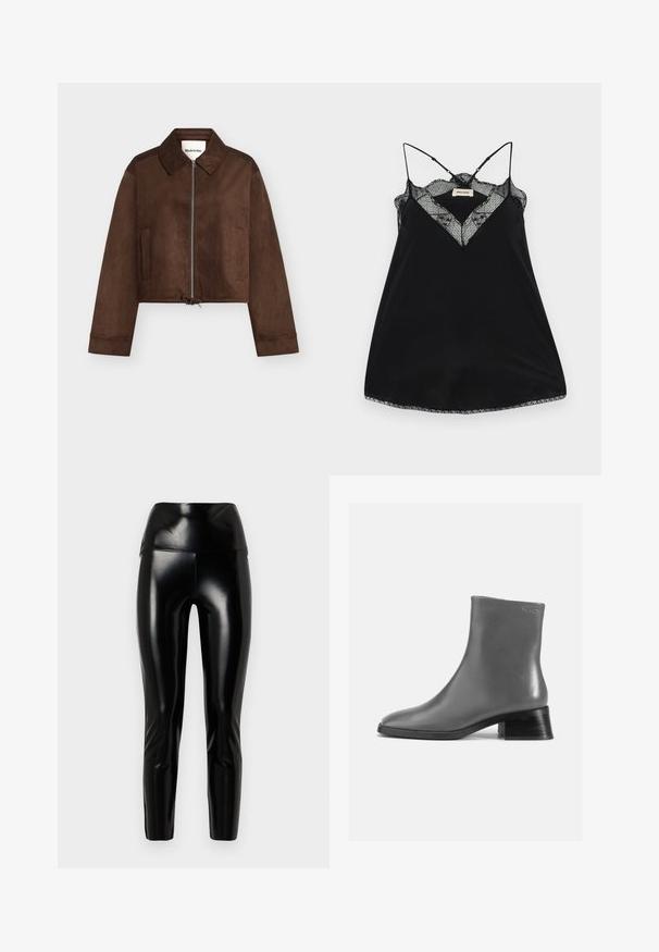 Bruine suède cropped jas met volledige ritssluiting aan de voorkant, kraag, lange mouwen, twee zijzakken en verstelbare treklintzoom.; Zwarte camisole met verstelbare bandjes, met een kanten V-hals en golvende randen. Gladde stof met een lichte glans.; Zwarte nep leren leggings met een hoge taille, gladde textuur, tapse benen en een glanzende afwerking. Geen zichtbare naden of versieringen.; Grijze leren enkelboot met een ronde neus en een korte, gestapelde zwarte hak. Soepele textuur met minimale details.