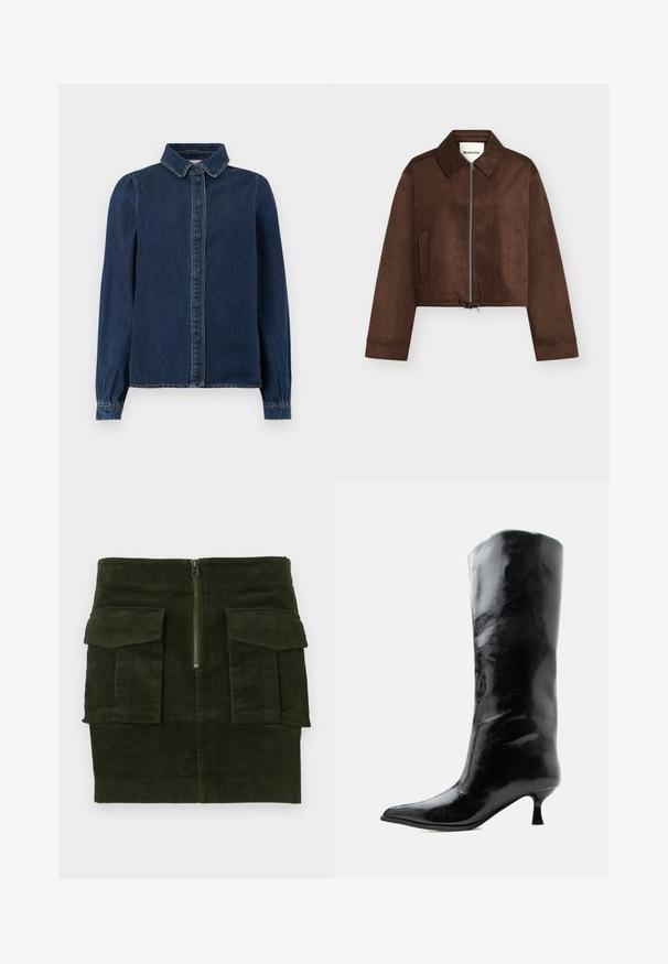 Brun ruskindsjakke i kort model med fuld lynlås foran, krave, lange ærmer, to sidelommer og justerbar snøre ved kanten.; Mørkeblå denimskjorte med klassisk krave, frontknapper og lange ærmer med samlede manchetter. Har kontraststing overalt.; Mørkegrøn fløjl mini-nederdel med foran lynlås og to store klaplommer på hver side.; Sort skinnende knæhøj læderstøvle med spids tå og lav buet hæl på en ensfarvet lys baggrund.