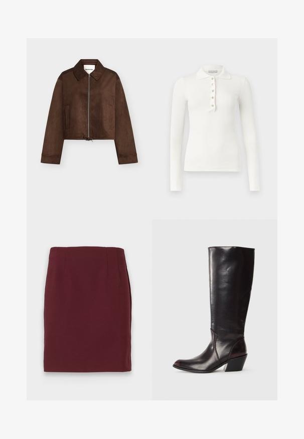 Bruine suède cropped jas met volledige ritssluiting aan de voorkant, kraag, lange mouwen, twee zijzakken en verstelbare treklintzoom.; Witte ribgebreide poloshirt met lange mouwen, vijf knopen en een omgeslagen kraag op een effen achtergrond.; Bordeaux knie-lange kokerrok met een soepele textuur en subtiele naaddetails bij de taille, weergegeven op een witte achtergrond.; Knielange, donkerbruine leren laars met een spitse neus, hoekige blokhak en een gladde, glanzende textuur. Heeft een strak ontwerp en stikdetails.