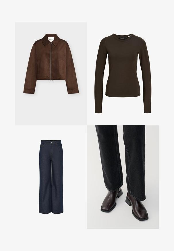 Chaqueta corta de ante marrón con cremallera completa en el frente, cuello, mangas largas, dos bolsillos laterales y bajo ajustable con cordón.; Camiseta de manga larga ajustada de color marrón oscuro con cuello redondo, diseño sencillo y textura de tela suave, mostrada sobre un fondo blanco liso.; Jeans de mezclilla oscura de pierna ancha con cintura alta, con detalles de costura visibles en dorado contrastante y bolsillos delanteros y traseros. Diseño clásico de cinco bolsillos.; Botas de cuero marrón hasta el tobillo con punta cuadrada y tacón bloque, combinadas con vaqueros negros de pierna ancha. Textura suave y diseño minimalista.