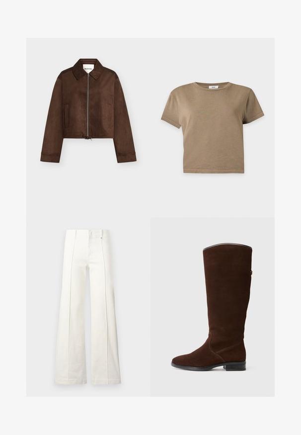 Veste courte en daim marron avec fermeture éclair complète à l'avant, col, manches longues, deux poches latérales et ourlet à cordon de serrage ajustable.; T-shirt court marron uni à manches courtes avec col rond sur fond gris clair.; Pantalon blanc taille haute à jambes larges avec coutures avant et passants pour ceinture, présenté sur un fond clair uni.; Botte haute en daim marron, avec un embout arrondi, des détails de couture subtils et un petit talon carré. Doublure lisse au bord supérieur.
