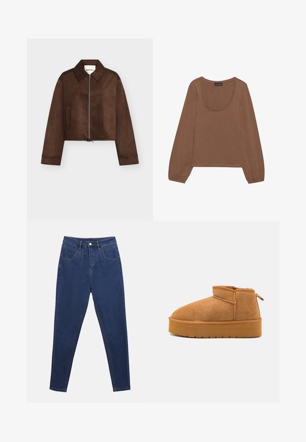 Veste courte en daim marron avec fermeture éclair complète à l'avant, col, manches longues, deux poches latérales et ourlet à cordon de serrage ajustable.; T-shirt marron à manches longues avec un col arrondi et des manches froncées. Fabriqué dans un tissu doux avec une texture lisse.; Jean en denim bleu foncé taille haute avec cinq poches, fermeture à bouton en métal et coupe droite. Texture lisse avec des détails de couture subtils.; Bottines en nubuck marron avec un bout arrondi, une conception basse et une semelle en caoutchouc texturée comportant une légère plateforme et une languette.