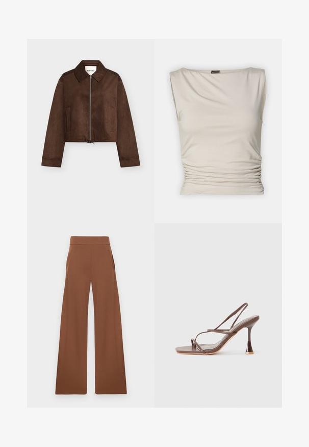 Brun ruskindsjakke i kort model med fuld lynlås foran, krave, lange ærmer, to sidelommer og justerbar snøre ved kanten.; Gina Tricot SOFT TOUCH BOATNECK TOP - Top - pumice stone; Brune bukser med bred benvidde fremstillet af et glat, strækbart stof. De har en høj talje og sidelommer, designet til en afslappet pasform.; Brune stroppede højhælede sandaler med firkantet tå, slanke remme, en blank finish og en distinkt buet hæl.