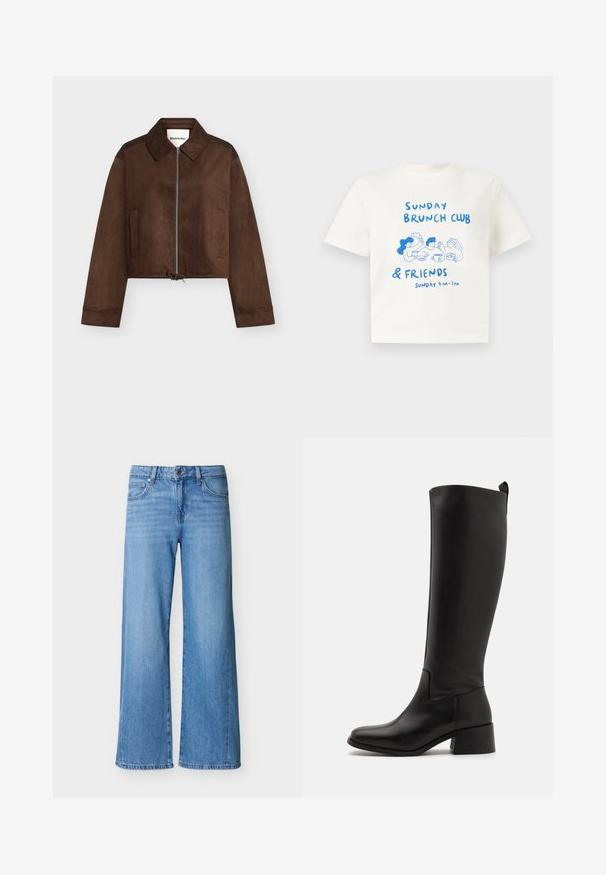 Bruine suède cropped jas met volledige ritssluiting aan de voorkant, kraag, lange mouwen, twee zijzakken en verstelbare treklintzoom.; Wit T-shirt met korte mouwen en een blauwe illustratie van drie mensen die samen brunchen, met de tekst "Sunday Brunch Club & Friends Sunday 9 AM - 3 PM."; Lichtblauwe spijkerbroek met wijd uitlopende pijpen, knoop- en ritssluiting aan de voorkant, en zakken aan de voor- en achterkant.; Zwarte laarzen tot de knie, gemaakt van soepel leer, met een blokhak, ronde neus en een strakke, ongecompliceerde uitstraling.