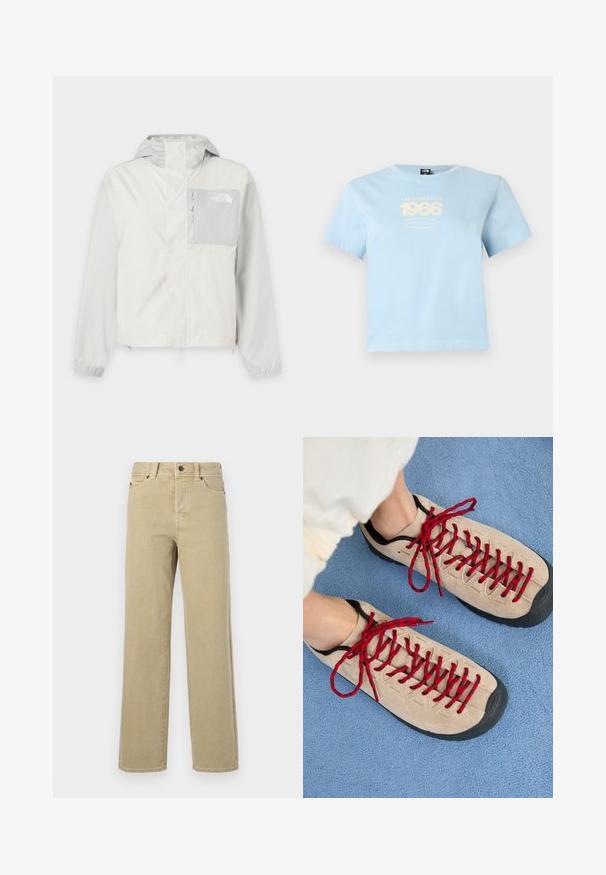 Veste d'extérieur gris clair à capuche avec fermeture éclair et rabat, poche poitrine zippée et poignets élastiques. Logo The North Face sur la poche poitrine.; T-shirt bleu clair à manches courtes avec l'inscription « THE NORTH FACE 1966 EST. BERKELEY CALIFORNIA » imprimée en jaune pâle sur la poitrine.; Jean beige à jambes larges en coton doux avec un design classique à cinq poches, braguette à boutons et coutures visibles le long des coutures et des ourlets.; Des chaussures beiges avec des lacets rouges, posées sur une surface bleue texturée, révèlent partiellement la cheville d'une personne. Les chaussures ont un design sportif.