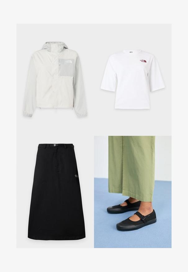 Hellgraue Outdoor-Jacke mit Kapuze, Reißverschluss und Klappenverschluss, Reißverschlusstasche auf der Brust und elastischen Bündchen. The North Face-Logo auf der Brusttasche.; Weißes Kurzarm-T-Shirt mit rundem Ausschnitt und kleinem kastanienbraunem "The North Face" Logo auf der oberen linken Brust.; Schwarzer Midirock mit verstellbarem Taillengürtel und The North Face-Logo auf der rechten Seite.; Schwarze Leinenschuhe mit runder Spitze, Gummisohle und einer Schnallenriemen. Kombiniert mit lockeren, hellgrünen Hosen.