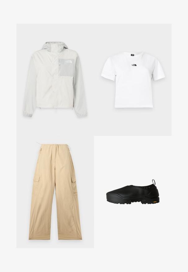 Lichtgrijze outdoorjas met capuchon, ritssluiting en klepsluiting, borstzak met rits en elastische manchetten. The North Face-logo op de borstzak.; Wit katoenen t-shirt met korte mouwen, een ronde hals en een zwart The North Face-logo op de borst. Eenvoudig, onopgesmukt ontwerp.; Beige cargobroek met een ontspannen pasvorm, voorzien van een trekkoord in de taille, twee zijzakken en een soepele, lichte stof.; The North Face BASE CAMP WP MULE - Instappers - tnf black tnf black