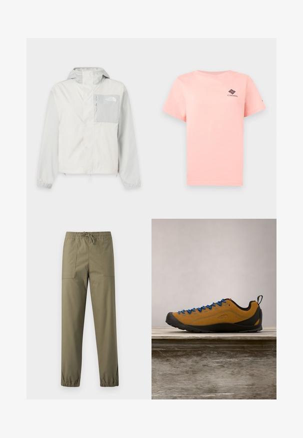 Veste d'extérieur gris clair à capuche avec fermeture éclair et rabat, poche poitrine zippée et poignets élastiques. Logo The North Face sur la poche poitrine.; T-shirt rose clair à manches courtes avec logo Columbia sur la poitrine gauche et fond uni.; Pantalon vert olive en tissu lisse avec une ceinture élastique, un cordon de serrage ajustable et des poignets élastiques aux chevilles.; Chaussure d'extérieur en suède marron avec des lacets bleus, semelle en caoutchouc noir et un design épuré. Équipée d'une languette à l'arrière pour un enfilage facile.