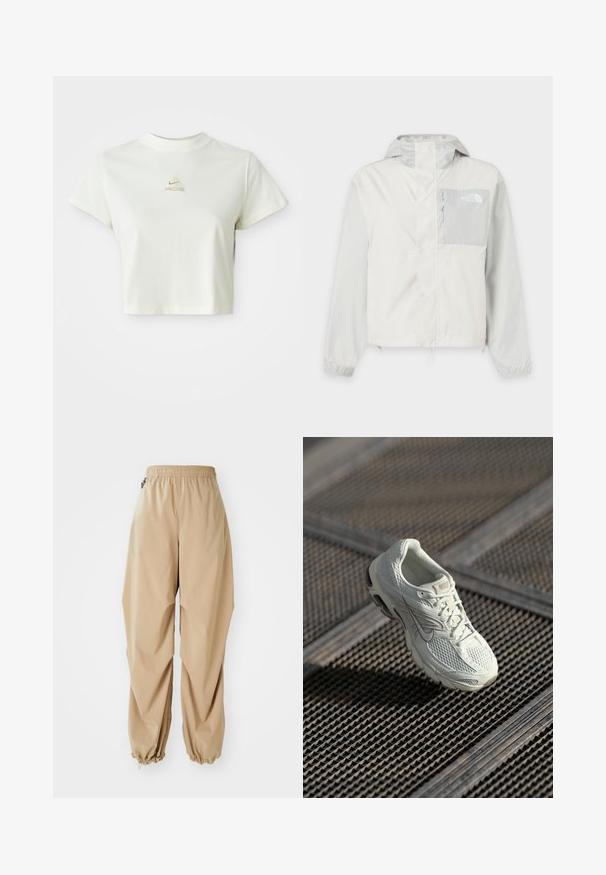 Svetlosivá vonkajšia bunda s kapucňou, zipsom a klopou, náprsné vrecko na zips a elastické manžety. Logo The North Face na náprsnom vrecku.; Krátke biele crop tričko s malým béžovým logom Nike ACG umiestneným pod výstrihom.; Bežové ľahké nohavice s elastickým pásom, zúženými manžetami a hladkou textúrou, s voľným strihom a bez viditeľných vzorov alebo ozdôb.; Biele bežecké tenisky Nike s vrchom z mesh a syntetického materiálu ležiace na kovovej mriežke na podlahe v mäkkom prirodzenom svetle.