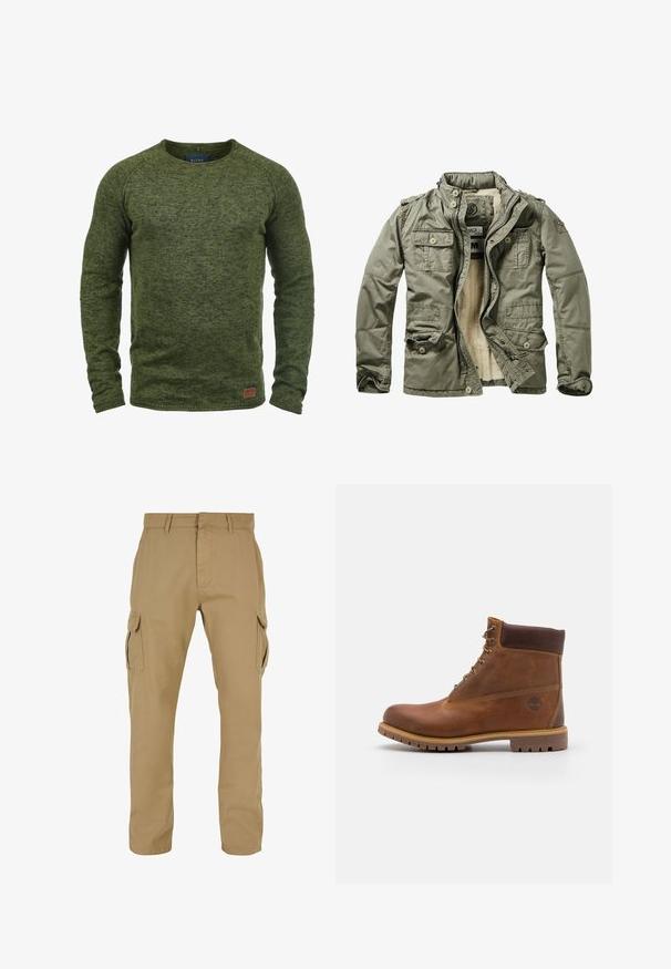 Veste vert olive avec une doublure en crème pelucheuse, de multiples poches avant, fermeture à glissière et un tissu doux et texturé. Épaulettes aux épaules.; Pull vert en tricot texturé, avec un col rond, des manches longues et un petit patch logo marron en bas à l'avant.; Pantalons cargo beiges avec deux poches latérales, conception à jambe droite, fabriqués en tissu durable, avec des détails de couture et des passants de ceinture.; Botte de randonnée en cuir marron avec une finition lisse, cheville rembourrée, œillets en métal et semelle en caoutchouc dotée d'un motif de crampons robuste.