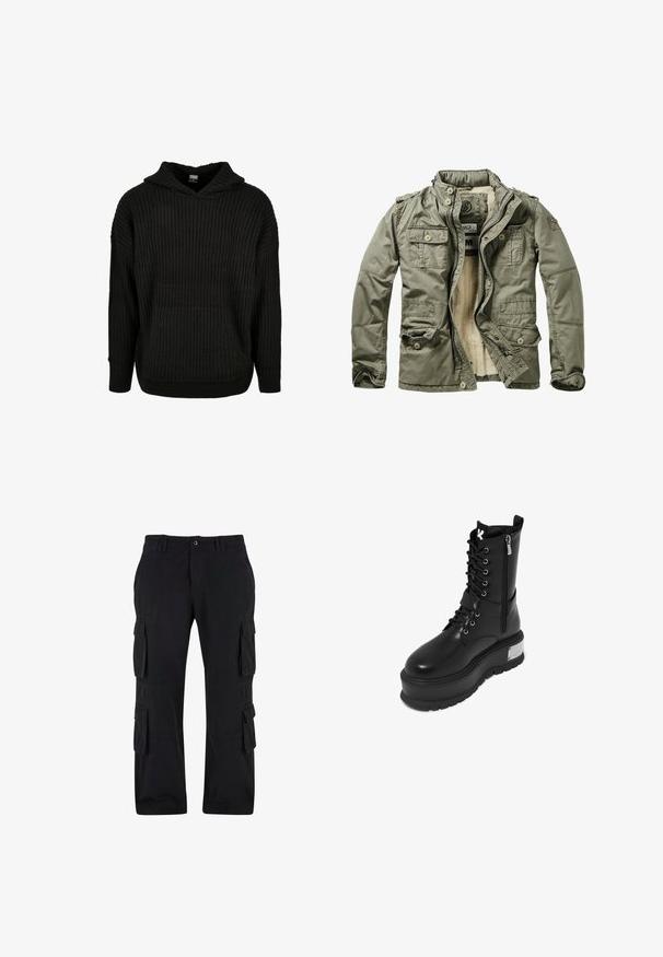 Olijfgroene jas met een pluche crèmekleurige voering, meerdere voorzakken, ritsluiting en een zachte, gestructureerde stof. Beschikt over schouderfittingen.; Zwarte geribbelde gebreide hoodie met een voorzak en een capuchon met trekkoord. Heeft een losse fit en een gestructureerd patroon op de stof.; Zwarte cargobroek van katoen, met meerdere zijzakken, een relaxte pasvorm en een rechte pijp.; Zwarte faux leren gevechtslaars met een chunky platform, voorzien van een vetersluiting, ritssluiting en een metallic accent op de hak.