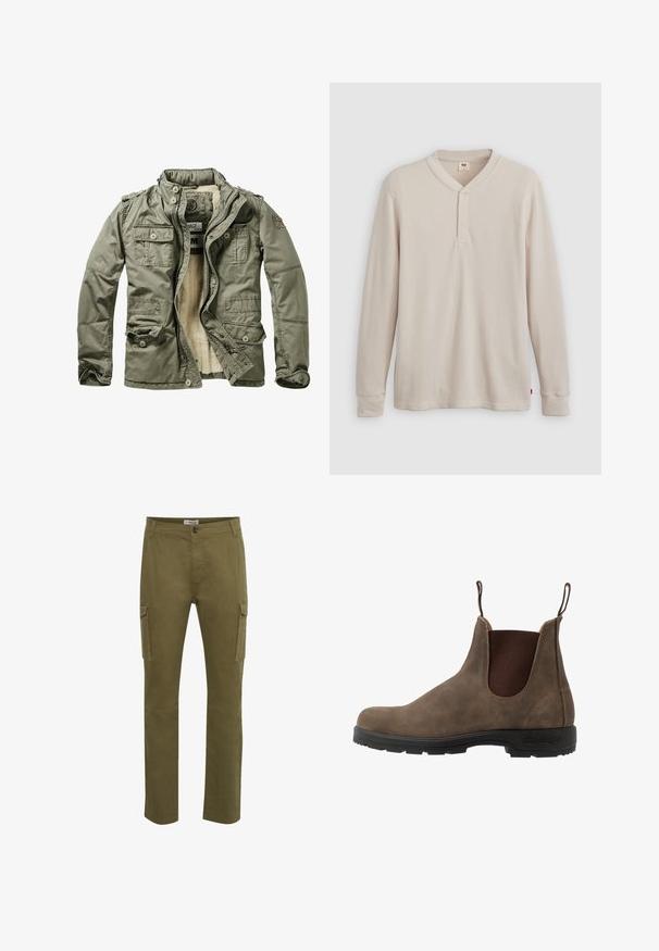 Olivengrøn jakke med et blødt cremefor, flere fremadskuende lommer, lynlås og et blødt, tekstureret materiale. Har skulderklapper.; Langærmet henley-skjorte i lys beige ribbet stof, med V-hals, tre-knap placket og manchetter ved ærmerne. Rød logo-tags ved kanten.; Grønne cargo-bukser med lige pasform, der har to sidelommer, knaplukning og syet detaljering på stofoverfladen.; Brune læder chelsea-støvle med elastiske sidepanelen, trækflapper og en sort gummisål med et struktureret slidbane for bedre greb.