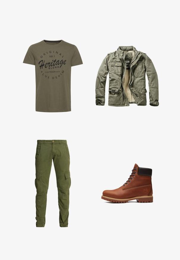 Chaqueta verde oliva con un suave forro crema, múltiples bolsillos frontales, cierre de cremallera y una tela suave y texturizada. Presenta epaulettes en los hombros.; Camiseta de algodón verde oliva con cuello redondo, que presenta texto impreso en negro: "Original No. 1 Heritage Blend Claim Your Rights" en un diseño circular.; Pantalones cargo en verde oliva fabricados con una suave mezcla de algodón, que cuentan con bolsillos laterales, detalles cosidos y un diseño clásico de pierna recta.; Bota marrón de cuero con cordones, cuello acolchado negro, suela gruesa color beige y logo de árbol en relieve en el lateral del talón.