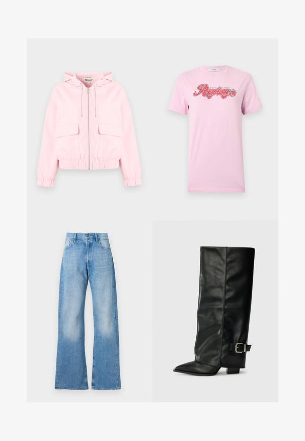 Lyserød hættejakke med lynlåslukning foran, to store klaplommer og elastiske manchetter og kant, mærke synligt inde i kraven.; Lys lyserød T-shirt med korte ærmer, med teksten "Hot & Sweet Replay" og to jordbærgrafikker centreret på brystet.; Lysblå denim flared jeans med høj talje, fem lommer og klassisk knaplukning. Har diskret slid og en afslappet pasform.; Sorte læder ankelstøvler i ankellængde med spids tå, glat tekstur og en sølvspændeaccents på siden. Kraftig firkantet hæl.